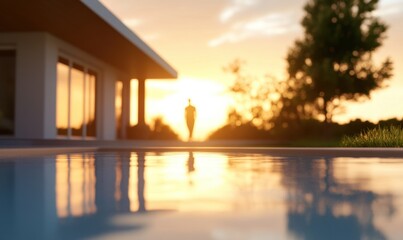 Serene sunset reflection in a tranquil pool