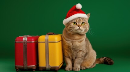 A festive cat wearing a Santa hat beside colorful suitcases ready for holiday travel in a cheerful setting