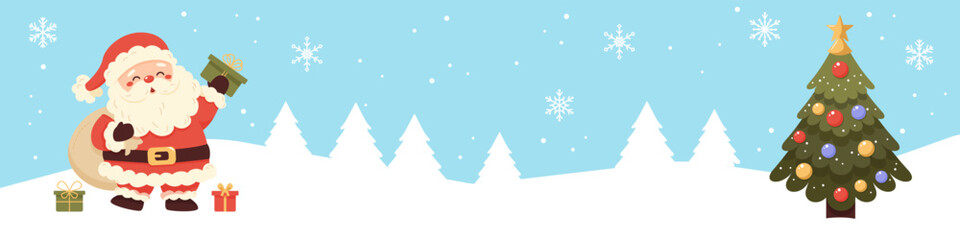 Banner with cute Santa Claus, gifts and Christmas tree. Snowy forest background with snowflakes. Kawaii cartoon character.