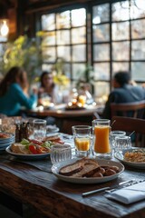 Fototapeta premium A cozy brunch setting with friends, featuring juice and plates of delicious food.