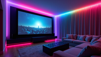 Obraz premium A smart home feature is a living room with colored LED lighting that enhances a home cinema viewing experience