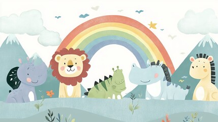 Obraz premium Adorable woodland creatures?? lion, zebra, crocodile, hippo, and rhino??oin a cheerful rainbow in this Scandinavian-inspired illustration. Set against a mountain landscape and adorned with clouds