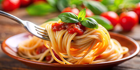 A fork lifts a serving of spaghetti topped with vibrant red tomato sauce and a garnish of fresh basil, set on a wooden table surrounded by cherry tomatoes