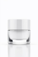 Elegant clear glass perfume bottle on white background