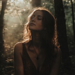 A woman in a sunlit forest, with serene expression, enveloped by nature and soft golden light filtering through leaves.