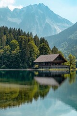 A rustic cabin by a lakeside, nestled in the forest with towering mountains as a serene backdrop in the landscape.