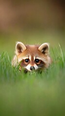 Obraz premium A close-up of a curious raccoon peeking through vibrant grass in a serene natural setting