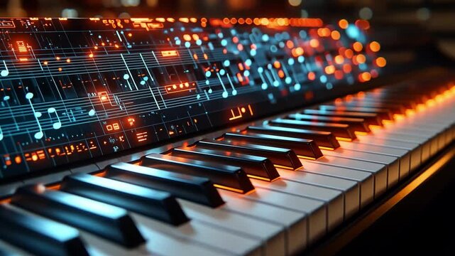 Futuristic keyboard with glowing digital interface in a modern music studio at night