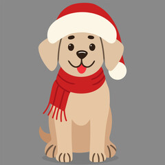 Cute dog in Christmas outfit isolated on grey background. Vector illustration