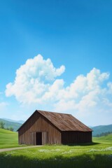 Obraz premium Rustic wooden barn in a lush green field under a blue sky with fluffy white clouds