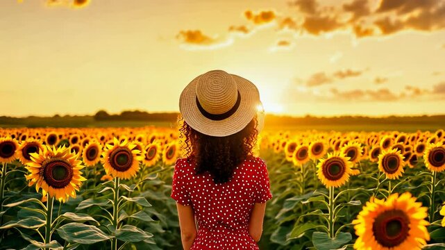 A female in a red polka dot dress and straw hat stands amidst a vast sunflower field, observing the setting sun. The warm glow enhances the peaceful, reflective atmosphere, echoing themes of harmony