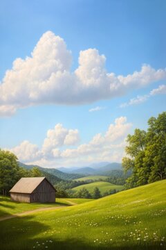 Picturesque countryside landscape with a rustic barn, rolling hills, and fluffy white clouds in the sky