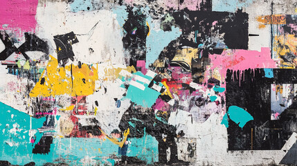 Fototapeta premium Abstract Urban Wall Art with Torn Posters and Paint Splatter