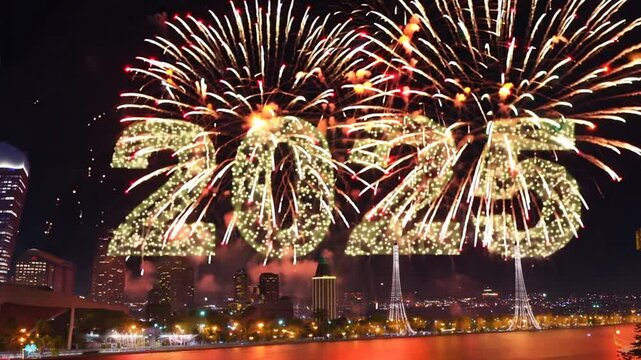 Colorful fireworks celebration for New Year 2025 over city skyline, creating festive night filled with joy and excitement in vibrant lights.