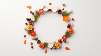 A festive wreath adorned with candles, pinecones, and autumn leaves, perfect for seasonal decor and celebrations.