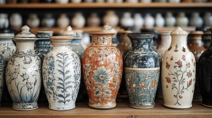 A row of colorful, hand-painted ceramic vases with floral patterns on display in a pottery shop.