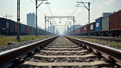 Obraz premium Trains Lined up Beside Railway Tracks in an Industrial Area During the Day With Clear Clouds and Distant Buildings in the Background