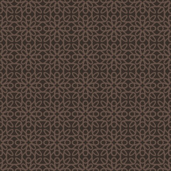 Simple vector seamless pattern. Abstract floral geometric ornament. Retro vintage style background texture with curved shapes, flower silhouettes, grid, lattice. Brown color. Repeating geo design