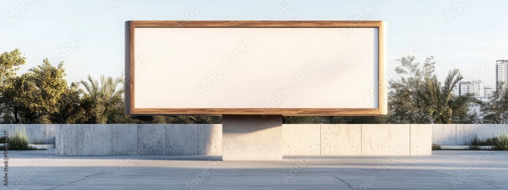 Poster 3d rendering of a blank billboard with a wooden frame on a concrete stand