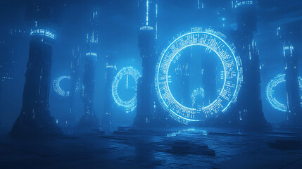 Futuristic Sci Fi Cityscape with Glowing Neon Lights and Circular Portals