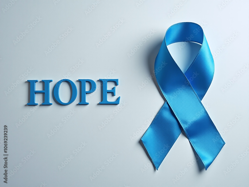 Aufkleber blue ribbon with the word hope tonic background colon cancer colorectal cancer on a gray background 