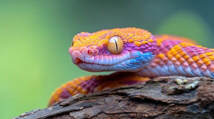 Fototapeta premium A vibrant snake rests on a sunlit branch, showcasing its gentle nature in stunning detail amidst lush greenery