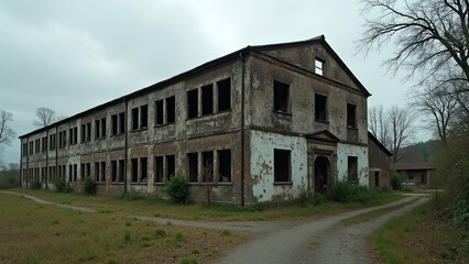 Abandoned Historic Building Surrounded by Overgrown Grass and Trees on a Cloudy Day in a Rural Area