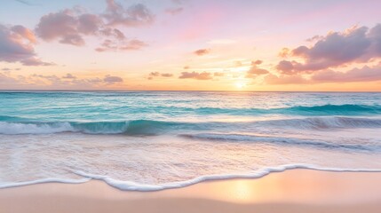 Obraz premium Serene beach at dusk with gentle waves lapping against soft sand, and a sky painted in vibrant hues of pink, orange, and purple