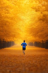 Fototapeta premium person running on a path through a vibrant autumn forest
