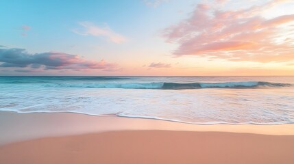 Fototapeta premium Serene beach at dusk with gentle waves lapping against soft sand, and a sky painted in vibrant hues of pink, orange, and purple