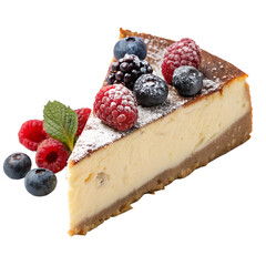 Slice of creamy cheesecakeSan Sebastian topped with fresh berries, isolated dessert, delicious close-up.