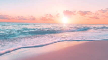Obraz premium Serene beach at sunrise, gentle waves lapping the shore, and a sky painted with shades of pink, orange, and purple