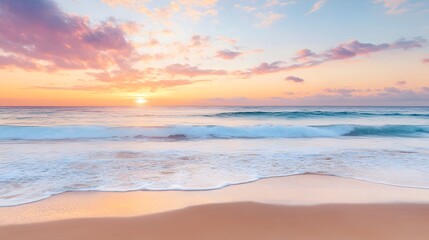 Serene beach at sunrise, gentle waves lapping the shore, and a sky painted with shades of pink, orange, and purple