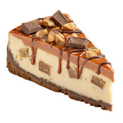 Caramel Drizzled Snickers Cheesecake Slice with Chocolate and Peanuts.