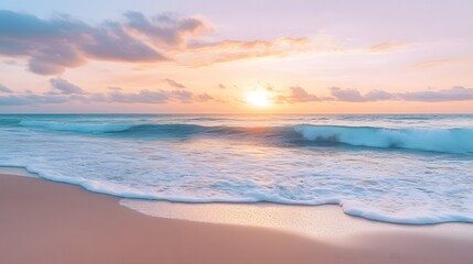Obraz premium Serene beach at sunrise, gentle waves lapping the shore, and a sky painted with shades of pink, orange, and purple