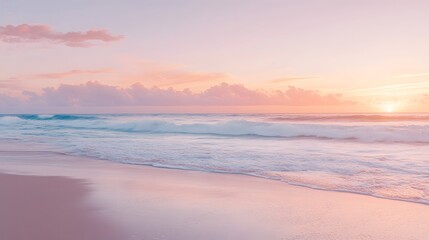 Serene beach at sunrise, gentle waves lapping the shore, and a sky painted with shades of pink, orange, and purple