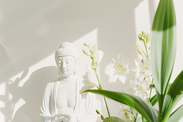 a serene aesthetic Buddha statue surrounded by delicate flowers, warm natural light with shadows