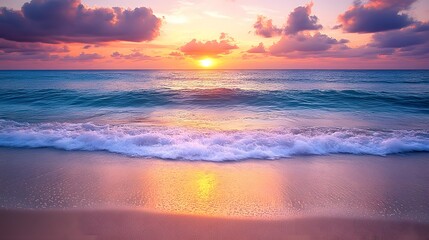 Fototapeta premium Serene beach at sunset, featuring gentle waves lapping against soft sand, and a sky painted with vibrant colors of orange, pink, and purple