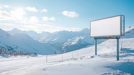Fototapeta premium empty billboard next to a ski slope, winter landscape with snow and mountains, cool tones