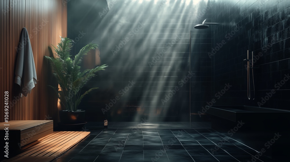 Poster a serene spa-like bathroom with soft sunlight streaming through and a relaxing atmosphere in a moder