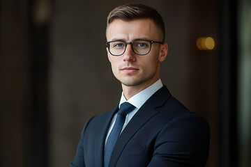 Confident young professional in business suit with glasses