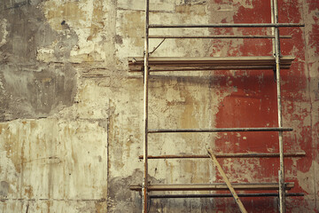 A weathered wall with exposed scaffolding showing faded colors and peeling paint on a worn red and beige surface adding an industrial vintage feel
