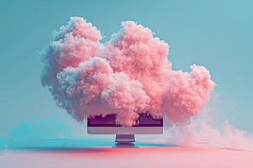 Cloud computing concept with minimalist background blue and pink air illustration