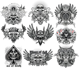 set, gothic sign with skull, grunge vintage design t shirts