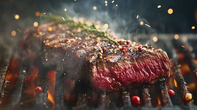 Hanger Steak on barbecue grill moves with smoke around