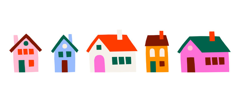 Cute cutout style houses vector illustration set. Hand drawn simple village  graphic elements