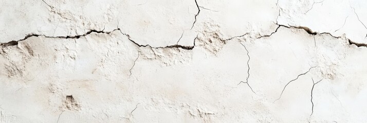 Fototapeta premium 亀裂のある白い壁のクローズアップ、乾燥した環境での建物の劣化を示す