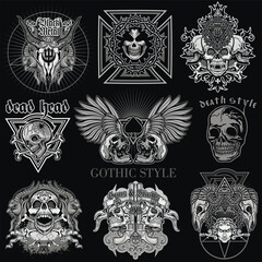 set, gothic sign with skull, grunge vintage design t shirts
