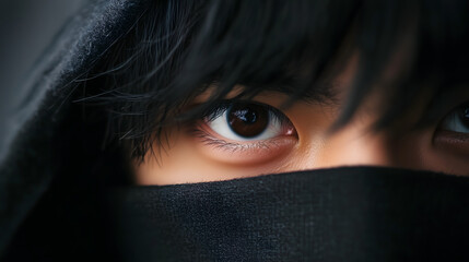 Fototapeta premium A young person stares intensely, their eyes captivating and expressive, while their face is partly concealed by a dark scarf, creating an air of mystery and intrigue in the setting.