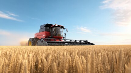Fototapeta premium Combine harvester working in a golden wheat field under a blue sky